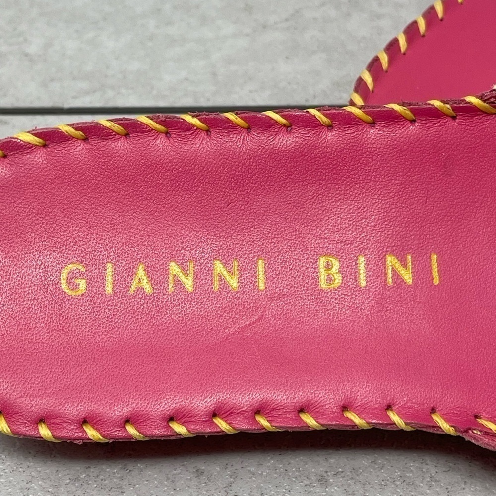 Gianni Bini Pink Strappy Flat Thong Sandals Yellow Stitching Leather Size 6 - Picture 8 of 8